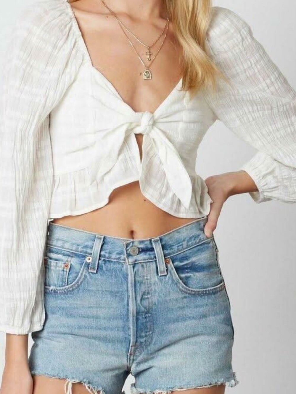 Cotton Candy White Gauze Tie-Front Peasant Blouse